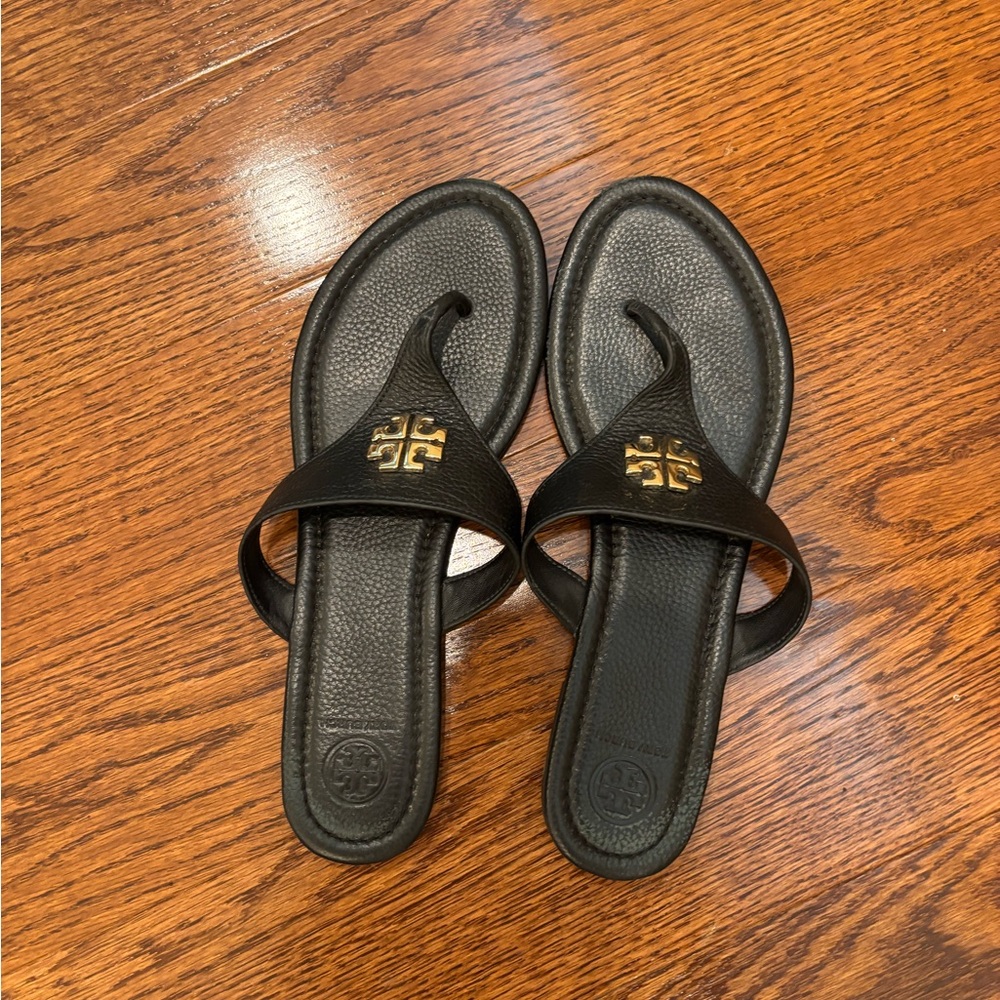 Tory Burch Black Sandals with Gold Emblem
